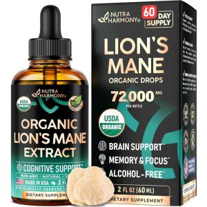Lions Mane Liquid – USDA Certified Organic Lions Mane Supplement – Brain Support, Energy, Memory & Focus – Sugar & Alcohol-Free Lion’s Mane Mushroom Extract 72,000 mg / Bottle, 2 Fl OZ, 2 Month Supply(2 Fl Oz (Pack of 1))