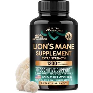 Lions Mane Supplement Capsules – Organic Lions Mane – Made in USA – Fruiting Bodies Extract – 1200 mg, 25% Polysaccharides – Memory & Focus Support – As Lions Powder – 120 Capsules, 2 Month Supply(120 Count (Pack of 1))