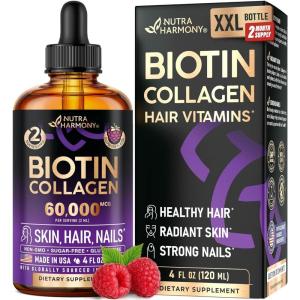Liquid Biotin & Collagen 60,000 mcg – Vitamins for Hair Growth Support – Extra Strength Drops for Women & Men – Liquid Collagen Supplement – Strong Nails & Healthy Skin – Made in USA – 2 Fl Oz(4 Fl Oz (Pack of 1))