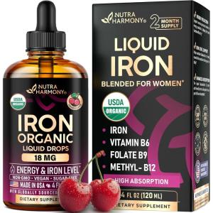 Liquid Iron Supplement for Women 18 mg – USDA Organic Drops, USA-Made – with Folate, Vitamin B12 & B6 – Iron Level & Energy – Gentle & High Absorption Glycinate Form – Cherry Flavor, Sugar-Free, 4 oz(4 Fl Oz (Pack of 1))