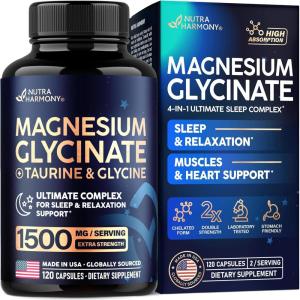 Magnesium Glycinate – Sleep & Relaxation Support – Extra Strength Glycinate, Glycine & Taurine 1500 mg – Magnesium Supplement for Women & Men – Chelated & High Absorption – Made in USA – 120 Capsules