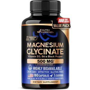 Magnesium Glycinate 500 mg – Chelated Supplement – High Absorption Form of Magnesium – Support for Sleep, Muscle & Heart Health – Made in USA, Lab Tested & Non-GMO – 180 Capsules
