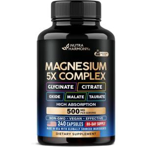 Magnesium Supplement – 5 in 1 Complex | Glycinate | Citrate | Malate | Taurate | Oxide – Made in USA – Stress, Muscle & Heart Support – Vegan, Natural, Non-GMO – 180 Capsules, 2 Month Supply(240 Count (Pack of 1))