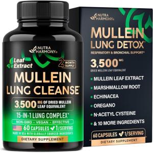 Mullein Lung Detox – Mullein Leaf Extract – Marshmallow Root | Echinacea | Oregano | Quercetin | NAC – 15-in-1 Lung Support & Cleanse for Smokers Supplement – Made in USA – As Drops – 60 Capsules(60 Count (Pack of 1))