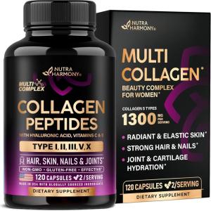 Multi Collagen Peptides – Hydrolyzed Types I, II, III, V & X – Collagen Supplement for Women 1300mg – w/ Hyaluronic Acid, Vitamins C & E – Skin, Hair, Nails & Joint Support – Made in USA, 120 Capsules(120 Count (Pack of 1))