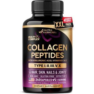 Multi Collagen Peptides – Hydrolyzed Types I, II, III, V & X – Collagen Supplement for Women 1300mg – w/ Hyaluronic Acid, Vitamins C & E – Skin, Hair, Nails & Joint Support – Made in USA, 120 Capsules(240 Count (Pack of 1))