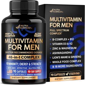 Multivitamin for Men – B-Complex | Whole Foods & Enzymes – Energy, Focus & Brain | Men’s Health Complex – 46in1 Mens Multivitamin – Bioavailable & Gentle on Stomach – Made in USA – 90 Capsules, 1/Day