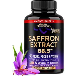 Natural Saffron Supplements – Pure Saffron Extract 88.5 mg – Made in USA – Mood | Focus | Vision | Energy Support – Eye Health for Women & Men – NonGMO Vegan Pills – 90 Powder Capsules, 3 Month Supply(90 Count (Pack of 1))
