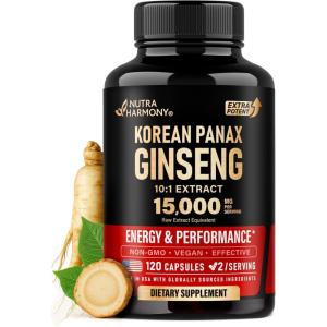 Panax Ginseng 15,000 mg – Red Korean Ginseng Supplement for Men – Extra Strength 10:1 Extract – Energy, Focus, Productivity & Performance – Natural & Vegan – Made in USA – 120 Capsules, 2 Month Supply