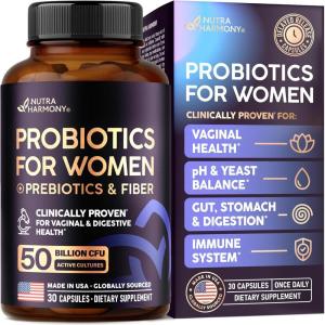 Probiotics for Women 50 Billion CFU – Vaginal Probiotics Clinically Proven for Yeast & pH Balance – Digestion & Bloating Relief – 8 Strains + Prebiotics – Delay Release – Made in USA, 30 Capsules(30 Count (Pack of 1))