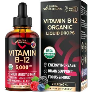 USDA Organic Vitamin B12 Sublingual Drops – 5000 mcg Liquid Vegan Methylcobalamin for Women & Men – Energy Boost, Focus & Mood, Brain Health Support – Maximize Absorption – 2 Month Supply, 2 fl oz(Drops 2 fl oz)