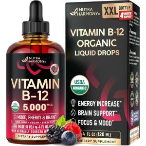 USDA Organic Vitamin B12 Sublingual Drops – 5000 mcg Liquid Vegan Methylcobalamin for Women & Men – Energy Boost, Focus & Mood, Brain Health Support – Maximize Absorption – 2 Month Supply, 2 fl oz(Drops 4 fl oz)
