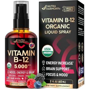 USDA Organic Vitamin B12 Sublingual Drops – 5000 mcg Liquid Vegan Methylcobalamin for Women & Men – Energy Boost, Focus & Mood, Brain Health Support – Maximize Absorption – 2 Month Supply, 2 fl oz(Spray 2 fl oz)