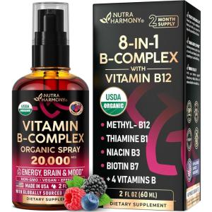 USDA Organic Vitamin B-Complex B5 Pantothenic Acid | B12 Methylcobalamin | B1 Thiamine | B6 Pyridoxine | B7 Biotin | B9 Folic | B3 Niacinamide – B Complex Liquid Drops, Made in USA Supplement, 2fl oz(B-Complex spray)