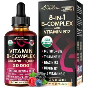 USDA Organic Vitamin B-Complex B5 Pantothenic Acid | B12 Methylcobalamin | B1 Thiamine | B6 Pyridoxine | B7 Biotin | B9 Folic | B3 Niacinamide – B Complex Liquid Drops, Made in USA Supplement, 2fl oz(B-Complex 2oz)