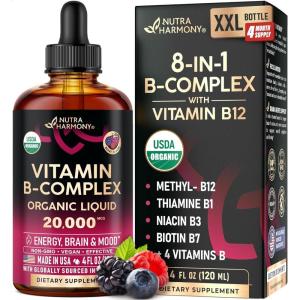 USDA Organic Vitamin B-Complex B5 Pantothenic Acid | B12 Methylcobalamin | B1 Thiamine | B6 Pyridoxine | B7 Biotin | B9 Folic | B3 Niacinamide – B Complex Liquid Drops, Made in USA Supplement, 2fl oz(B-Complex 4oz)