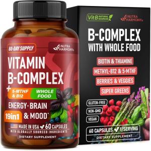 Vitamin B Complex – B1 | B2 | B3 | B5 | B6 | Biotin | B12 | 5-MTHF – Astragalus & Whole Food Blend – Energy, Metabolism & Brain – Vitamins B for Women & Men – Made in USA – 60 Capsules, 60 Days Supply