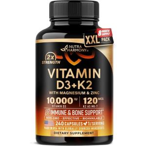 Vitamin D3 K2 – Vitamin D3 10000 iu & K2 as MK-7 120 mcg – Immune & Mood Support, for Bone & Teeth Health – with Magnesium, Zinc & Vitamin C & B12 – Highly Bioavailable – Made in USA, 120 Capsules(240 Count (Pack of 1))