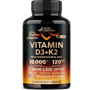 Vitamin D3 K2 – Vitamin D3 10000 iu & K2 as MK-7 120 mcg – Immune & Mood Support, for Bone & Teeth Health – with Magnesium, Zinc & Vitamin C & B12 – Highly Bioavailable – Made in USA, 120 Capsules(120 Count (Pack of 1))