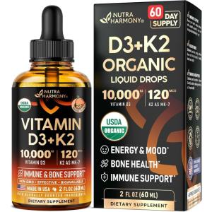 Vitamin D3 K2 USDA Organic Drops – Vitamin D3 10000 IU & K2 as MK-7 120mcg – Immune & Mood Support, Bone & Teeth Health – Sugar-Free Orange Flavor – Liquid Supplement – Made in USA – 2 FL OZ, 60 Days(2 Fl Oz (Pack of 1))