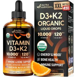 Vitamin D3 K2 USDA Organic Drops – Vitamin D3 10000 IU & K2 as MK-7 120mcg – Immune & Mood Support, Bone & Teeth Health – Sugar-Free Orange Flavor – Liquid Supplement – Made in USA – 2 FL OZ, 60 Days(4 Fl Oz (Pack of 1))