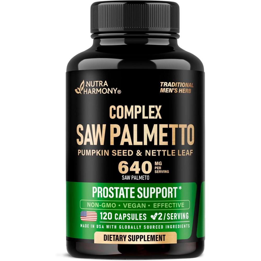 image:imageSaw Palmetto for Men 640mg  Pumpkin Seed  Nettle  Zinc amp Pygeum  Prostate Health amp Urinary Supplement  DHT Blocking amp Hair Support  45 Fatty Acids Clinical Strength  Made in USA 120 Capsules120 Count Pack of 1