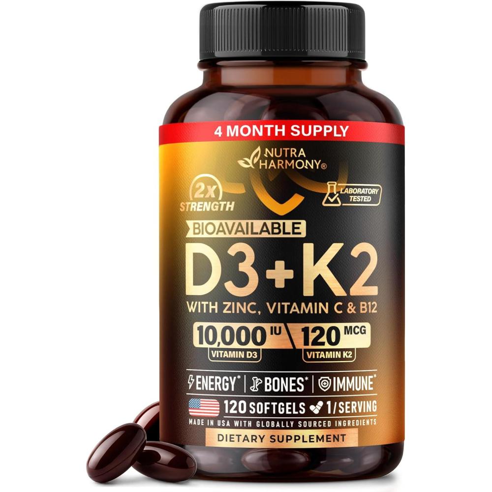 image:imageVitamin D3 K2  Vitamin D3 10000 iu amp K2 120 mcg  Immune amp Mood Support for Bone amp Teeth Health  with Zinc Vitamin C amp B12  Highly Bioavailable  For Men amp Women  Made in USA 120 Softgels