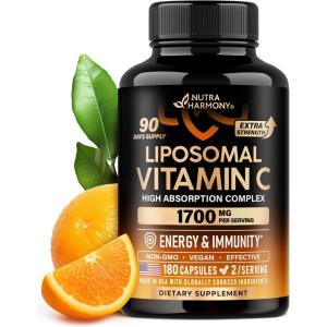 Liposomal Vitamin C 1700 mg – High Absorption Fat Soluble Complex – Antioxidant, Energy Boost & Immune Support – Vitamin C Supplement Made in USA – NON-GMO, SOY-Free & Gentle on Stomach – 180 Capsules