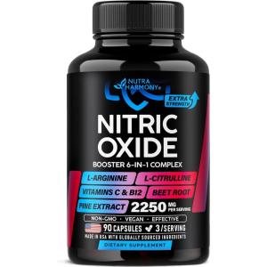 Nitric Oxide Supplement for Men & Women 2250 mg – Nitric Oxide Booster – Pine Bark | L-Arginine | L-Citrulline | Beet Root | Vitamin C & B12 – Muscles, Energy & Circulation – Made in USA, 90 Capsules