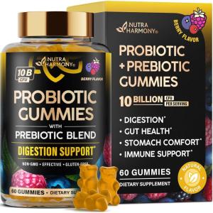 Probiotic Gummies 10B CFU with Prebiotic Fiber – Digestion & Immune Support – Debloat, Stomach & Gut Comfort – Probiotics for Women & Men – Natural Berry Flavor – Vegan & Sugar-free – 60 Gummies